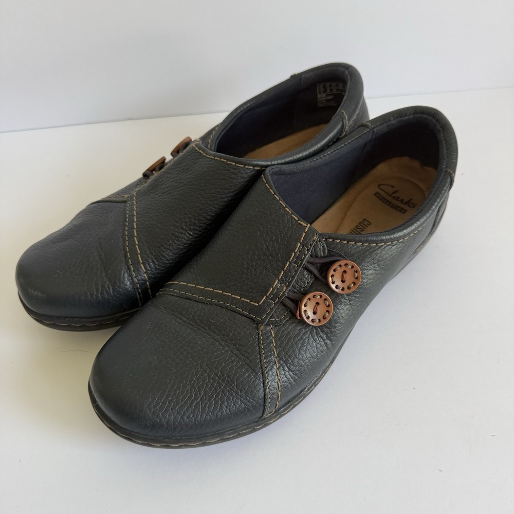 Clarks Soft Cushion Leather Slip On Double Button Loafers Women's 10M Navy Blue